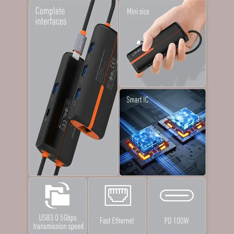 هاب 6 پورت تایپ سی الدینیو مدل LDNIO 6in1 Type-c Hub Adapter DS-26U توان 100 وات image gallery