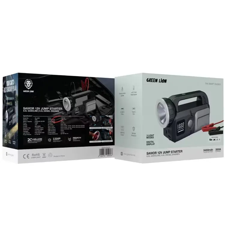 پاوربانک و کمپرسور باد و جامپ استارتر گرین لاین مدل Green Lion Savior 12V Jump Starter ظرفیت ۲۴۰۰۰ میلی آمپرساعت image gallery
