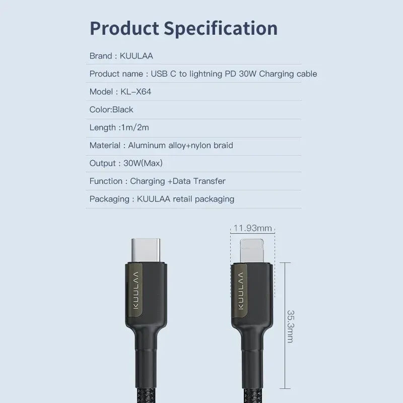 کابل شارژ USB-C به Lightning کولا مدل KUULAA KL-X64 طول ۱ متر 30 وات image gallery