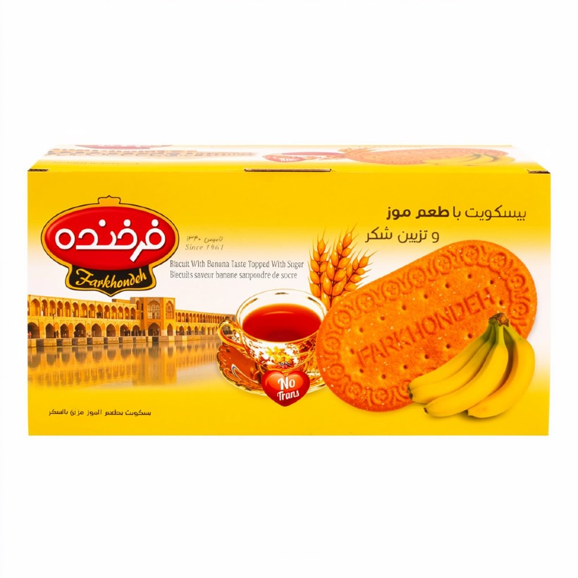 بیسکویت پذیرایی فرخنده با طعم موز وزن 900 گرمی (کارتن 6 جعبه‌ای)