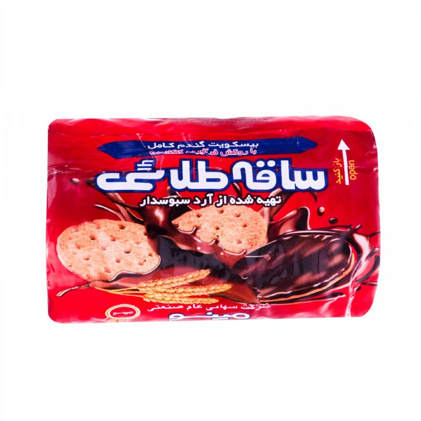 بیسکویت گندم کامل با روکش کاکائویی ساقه طلایی مینو وزن 200 گرمی (کارتن 24 بسته‌ای)