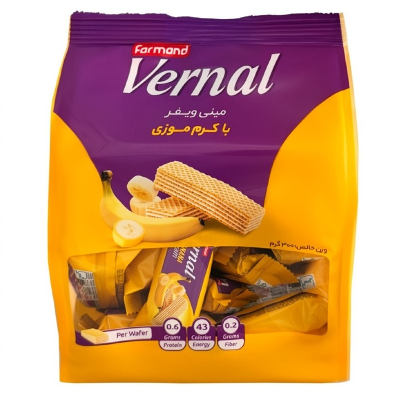 مینی ویفر ورنال فرمند با کرم موزی وزن 300 گرمی (1 بسته)