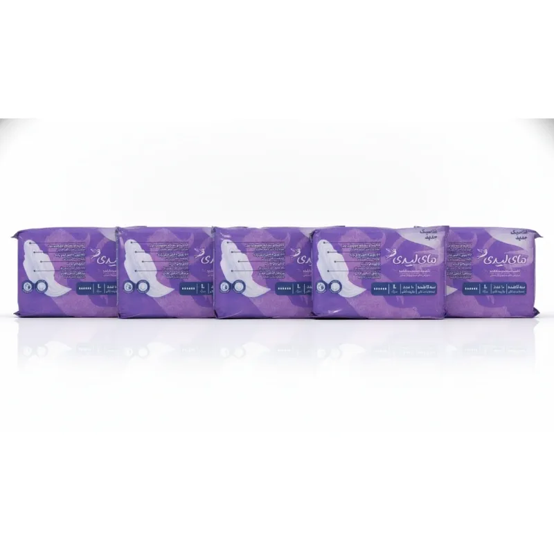 نوار بهداشتی بالدار مای لیدی مدل نیو کلاسیک New Classic Purple لایه رویی ساده سایز بزرگ بسته 10 عددی (کارتن 5 بسته‌ای)